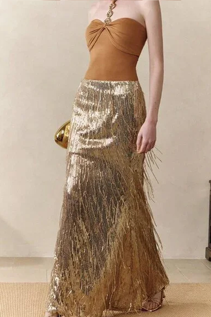 Golden Party Ladies Sequin Fringe Mermaid Long Dress