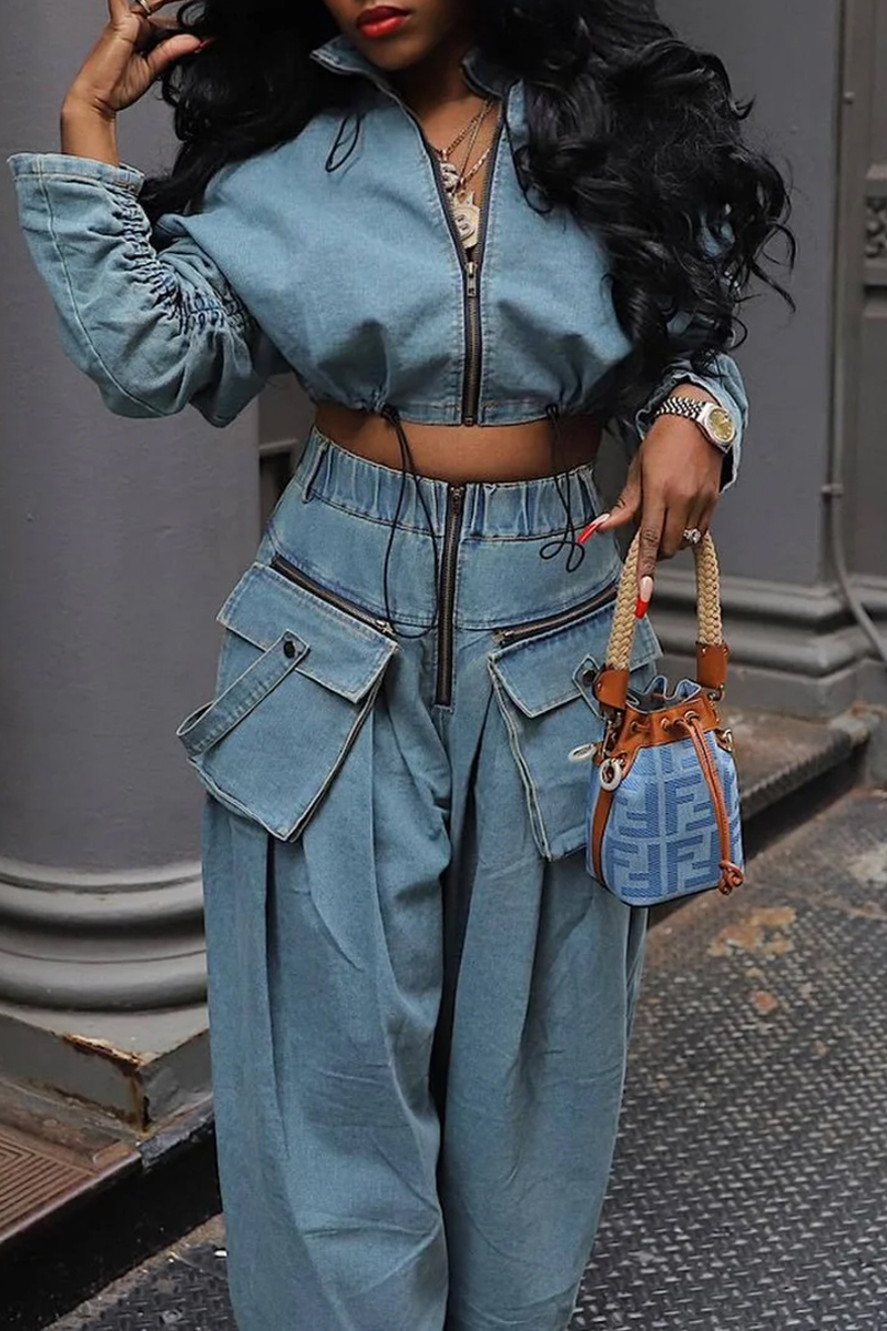 Women's Fashion Street Retro Zipper Denim Jacket+Wide Leg Jeans Two-Piece Set