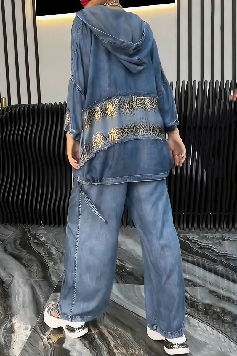 Women's Fashionable Loose Hooded Leopard Print Pocket Top+Casual Wide Leg Pants Set