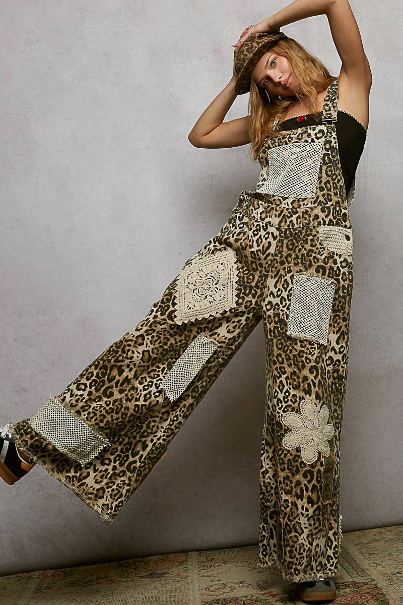 Women's Casual Printed Twill Workwear, Sand Leopard Print Mixed Crochet Patch Jumpsuit