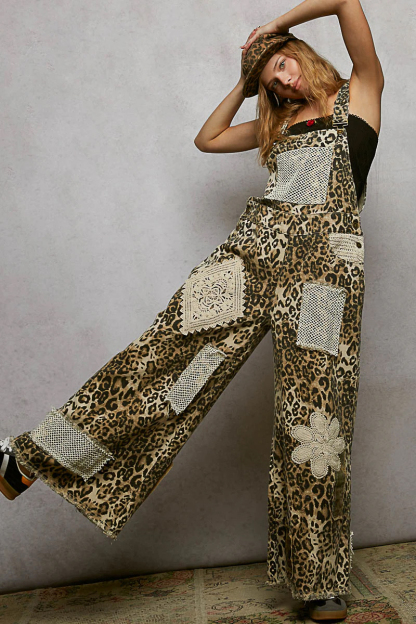 Women's Casual Printed Twill Workwear, Sand Leopard Print Mixed Crochet Patch Jumpsuit