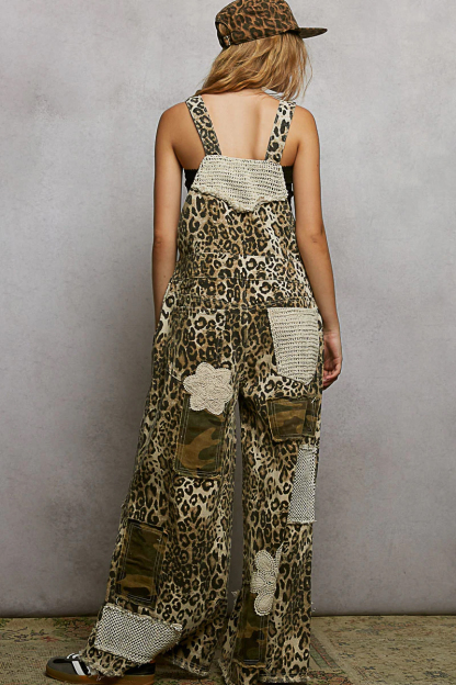 Women's Casual Printed Twill Workwear, Sand Leopard Print Mixed Crochet Patch Jumpsuit