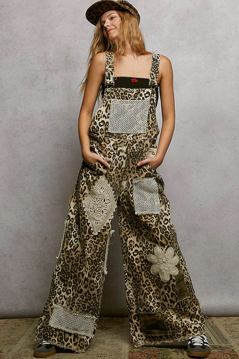 Women's Casual Printed Twill Workwear, Sand Leopard Print Mixed Crochet Patch Jumpsuit