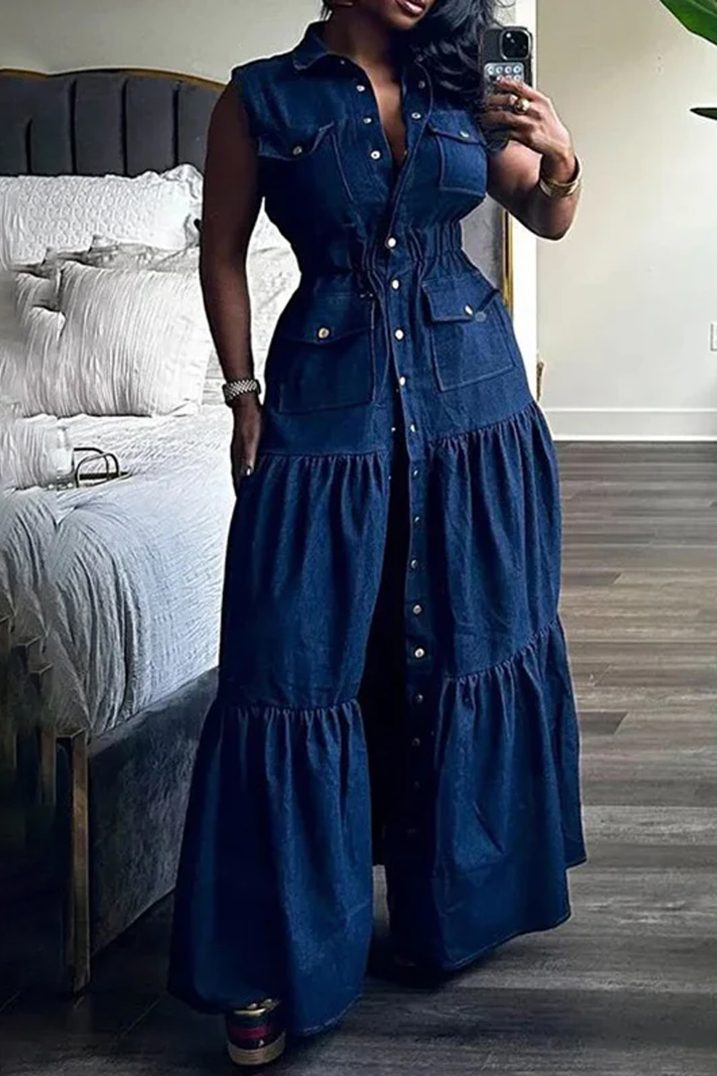 Women's High Waisted Loose Button Elastic Pleated Pocket Solid Color Lapel Long Dress