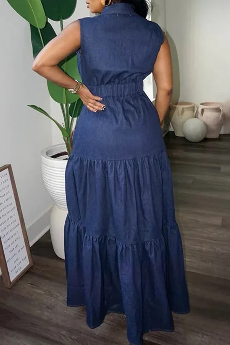 Women's High Waisted Loose Button Elastic Pleated Pocket Solid Color Lapel Long Dress