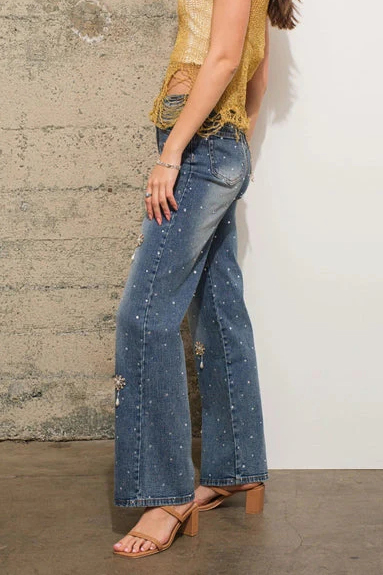 Women's Casual Rhinestone Embellished Straight Leg Jeans