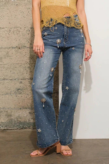 Women's Casual Rhinestone Embellished Straight Leg Jeans