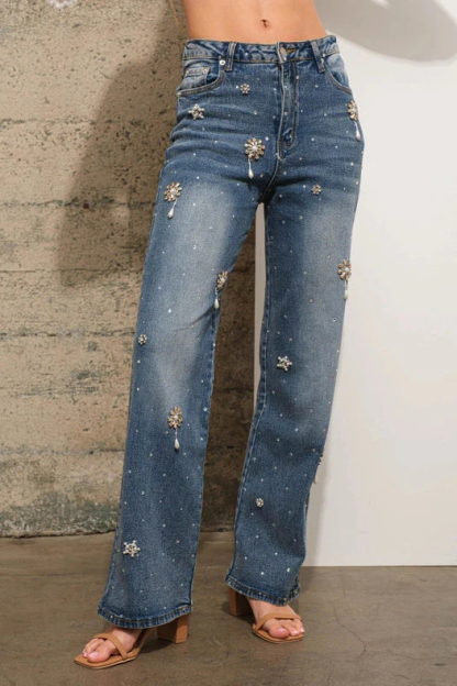 Women's Casual Rhinestone Embellished Straight Leg Jeans