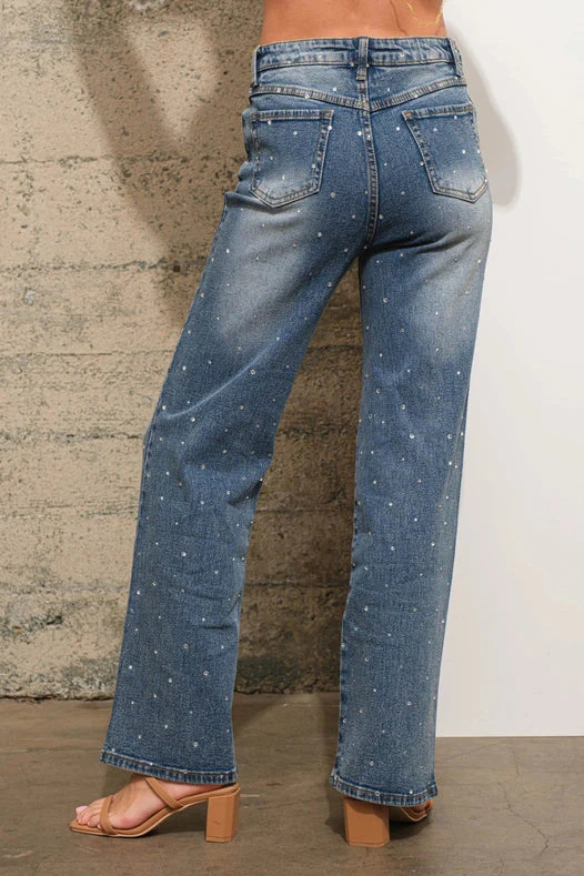 Women's Casual Rhinestone Embellished Straight Leg Jeans