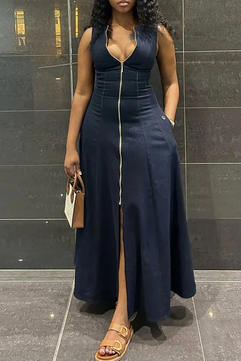 Women's Casual High Waisted Loose Solid Color Slit Zipper V-Neck Long Dress