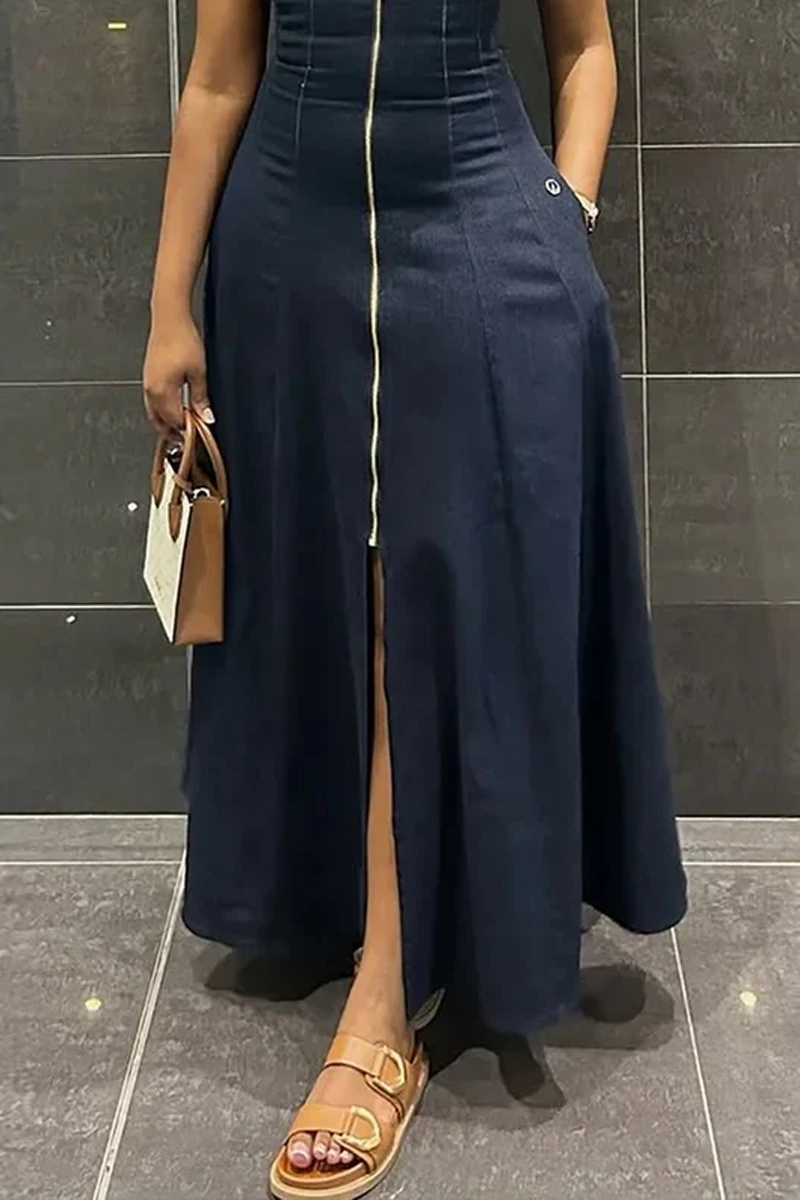 Women's Casual High Waisted Loose Solid Color Slit Zipper V-Neck Long Dress