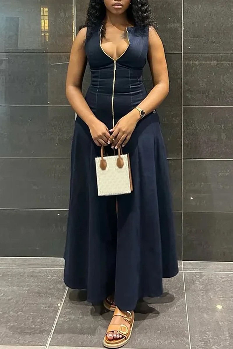 Women's Casual High Waisted Loose Solid Color Slit Zipper V-Neck Long Dress