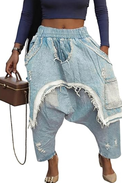 Women's	Casual Loose Harrington Jeans, Elastic Waist Wide Leg Tapered Workwear Patchwork Ripped Boho Seven-Eighths Jogger Pants