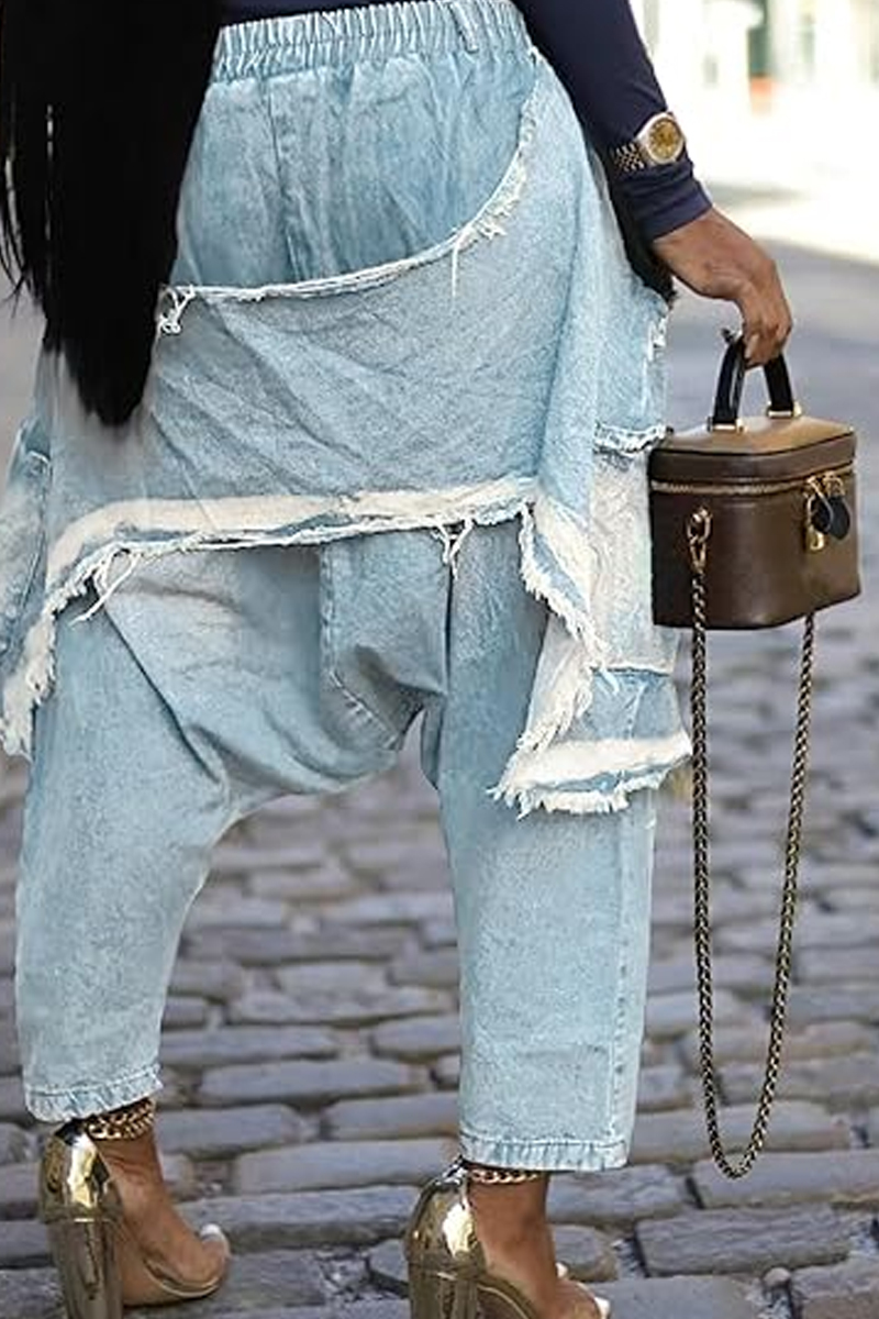 Women's	Casual Loose Harrington Jeans, Elastic Waist Wide Leg Tapered Workwear Patchwork Ripped Boho Seven-Eighths Jogger Pants