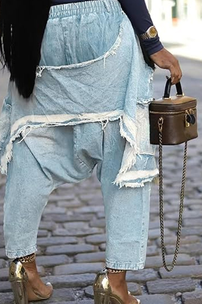 Women's	Casual Loose Harrington Jeans, Elastic Waist Wide Leg Tapered Workwear Patchwork Ripped Boho Seven-Eighths Jogger Pants