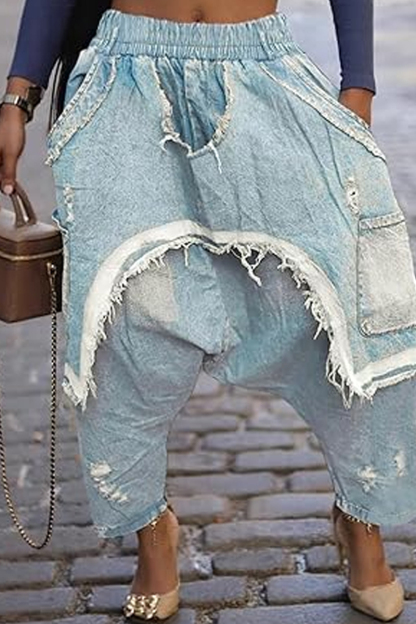 Women's	Casual Loose Harrington Jeans, Elastic Waist Wide Leg Tapered Workwear Patchwork Ripped Boho Seven-Eighths Jogger Pants