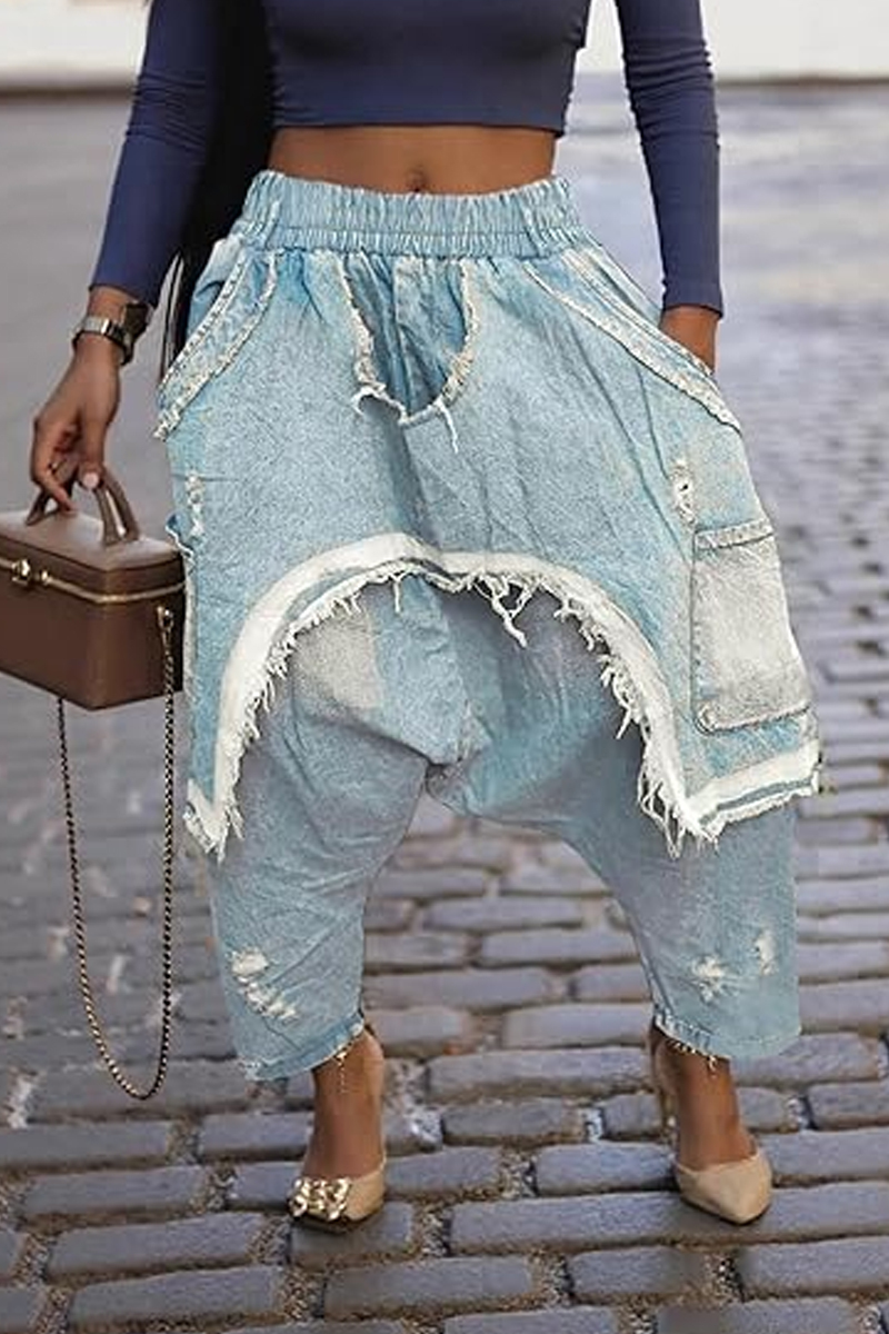 Women's Casual Loose Harrington Jeans, Elastic Waist Wide Leg Tapered Workwear Patchwork Ripped Boho Seven-Eighths Jogger Pants