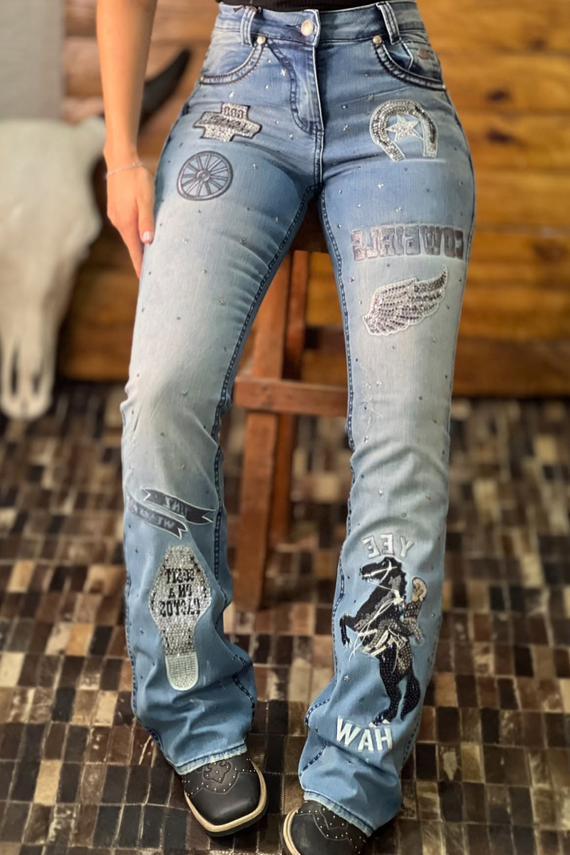 Women's Fashion, Western Denim, Motorcycle Racing, Hot Stamping Denim Slim Straight Leg Pants