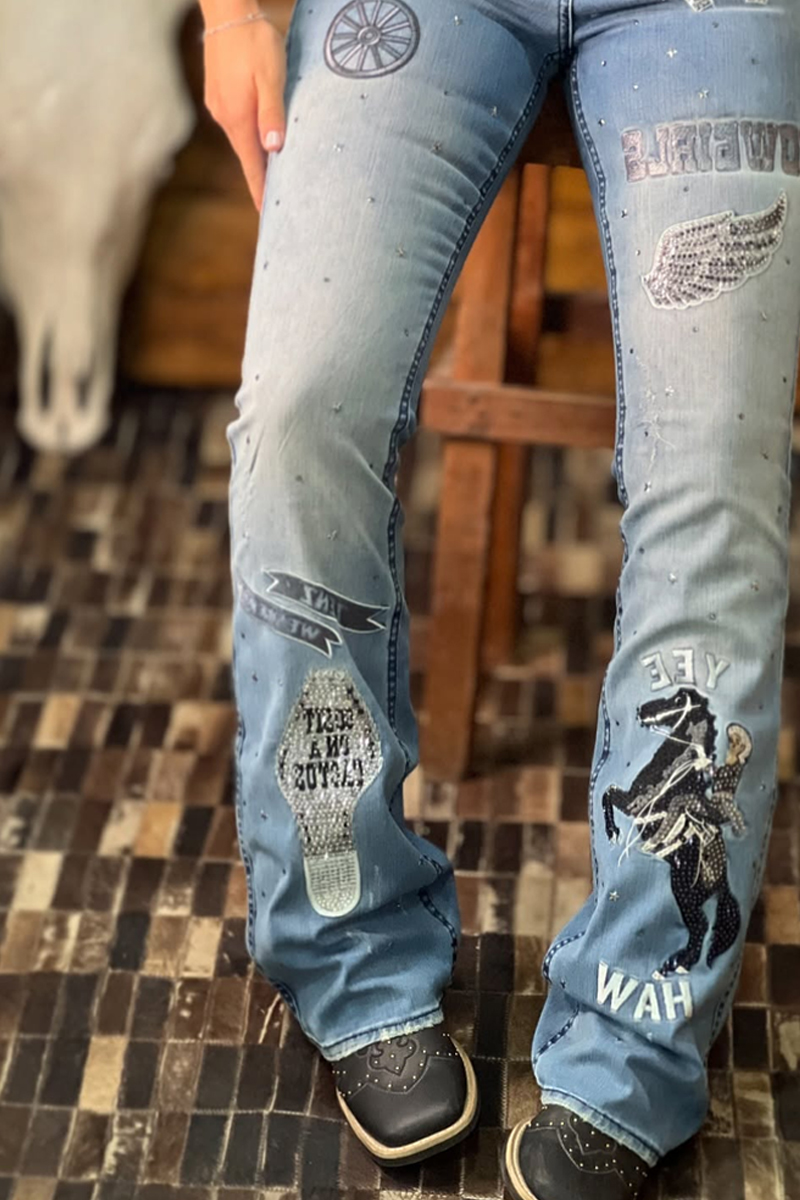 Women's Fashion, Western Denim, Motorcycle Racing, Hot Stamping Denim Slim Straight Leg Pants