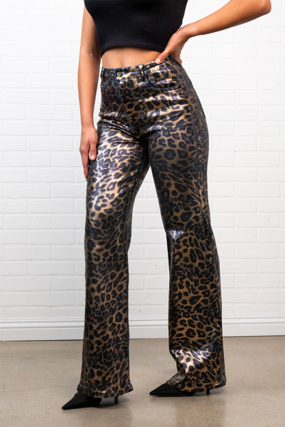 Women's Casual Leopard Print Jeans - High Waisted 70s Retro Straight Leg Jeans