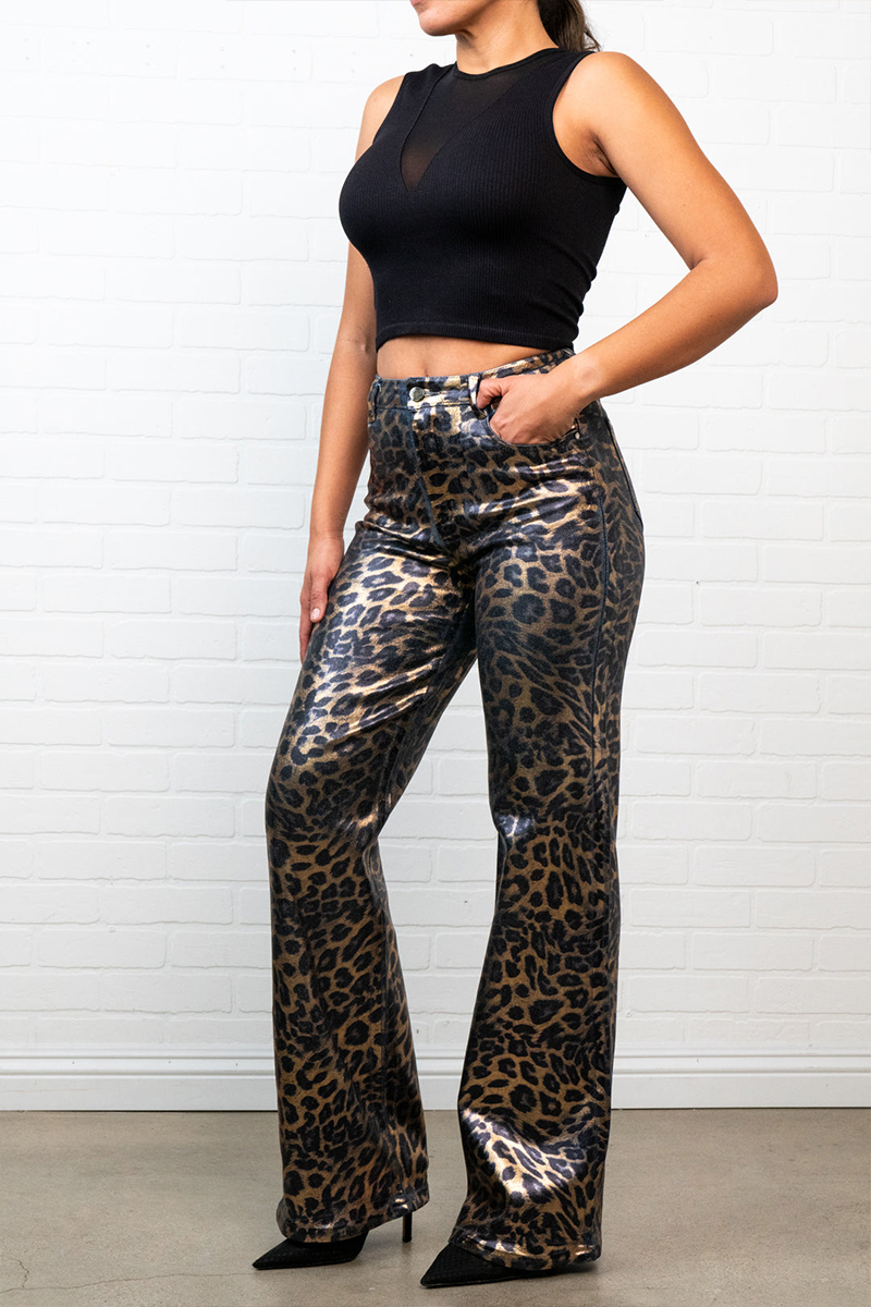 Women's Casual Leopard Print Jeans - High Waisted 70s Retro Straight Leg Jeans
