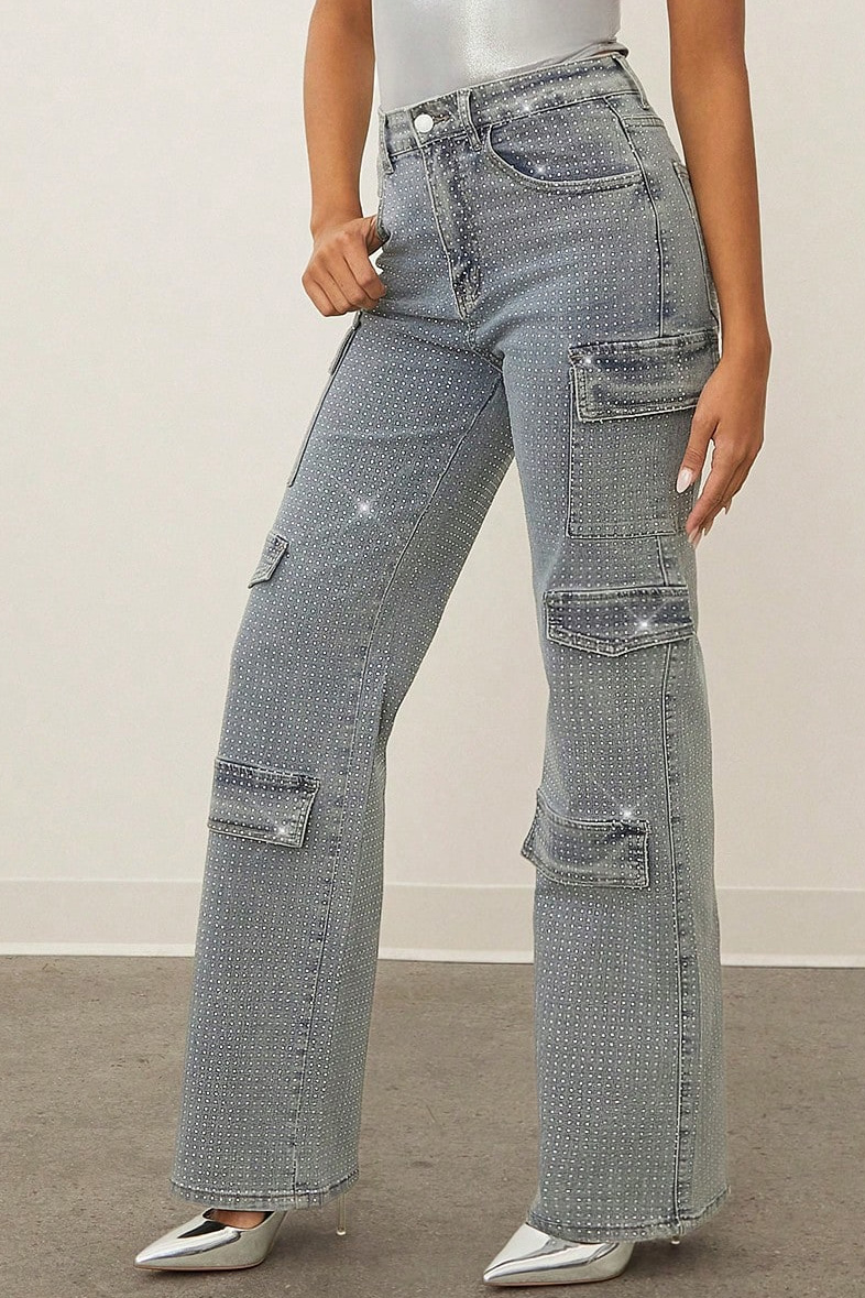 Women's Casual Multi Pocket Rhinestone Embellished Workwear Jeans