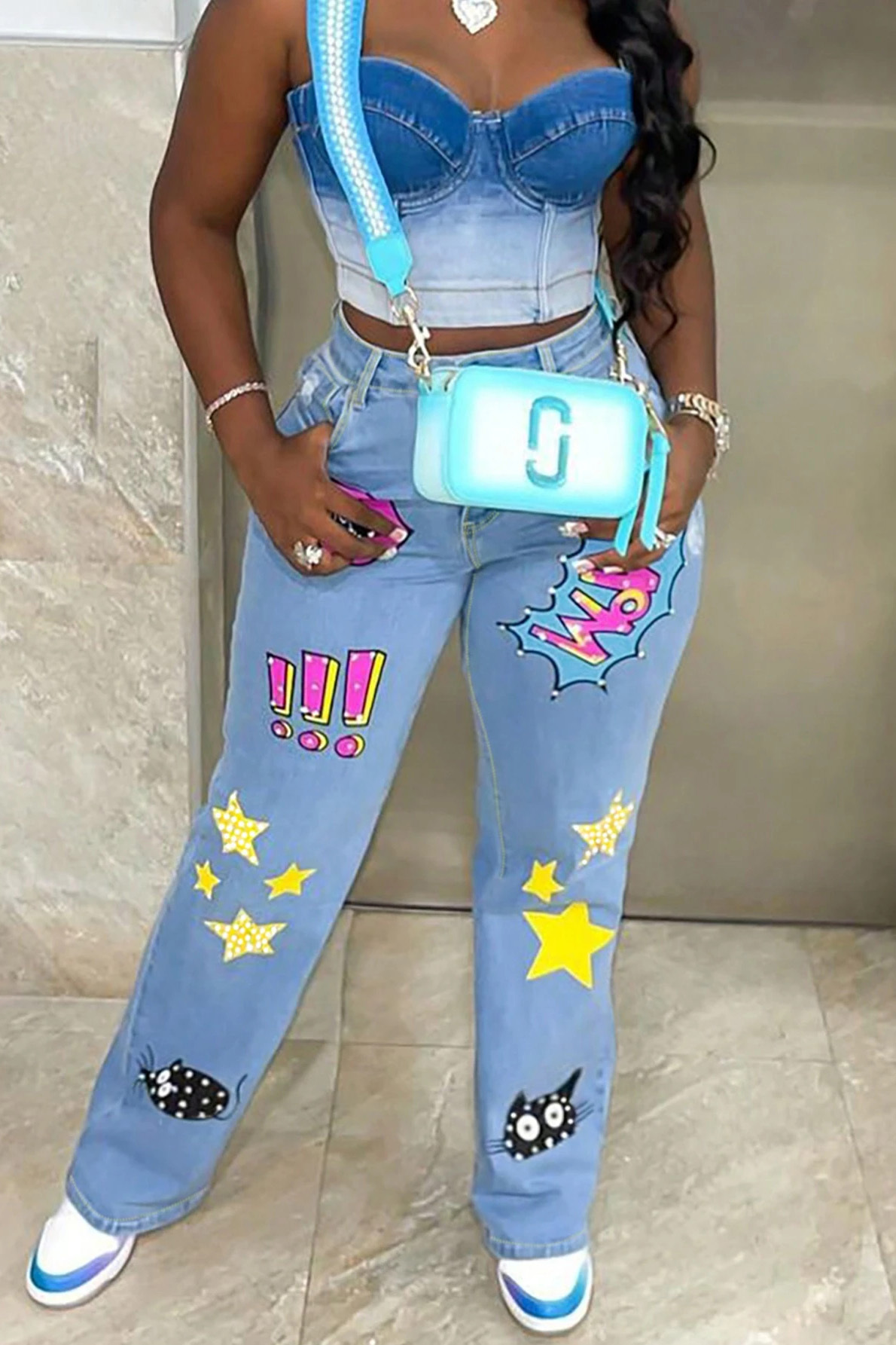 Women's Casual Printed Wide Leg Jeans