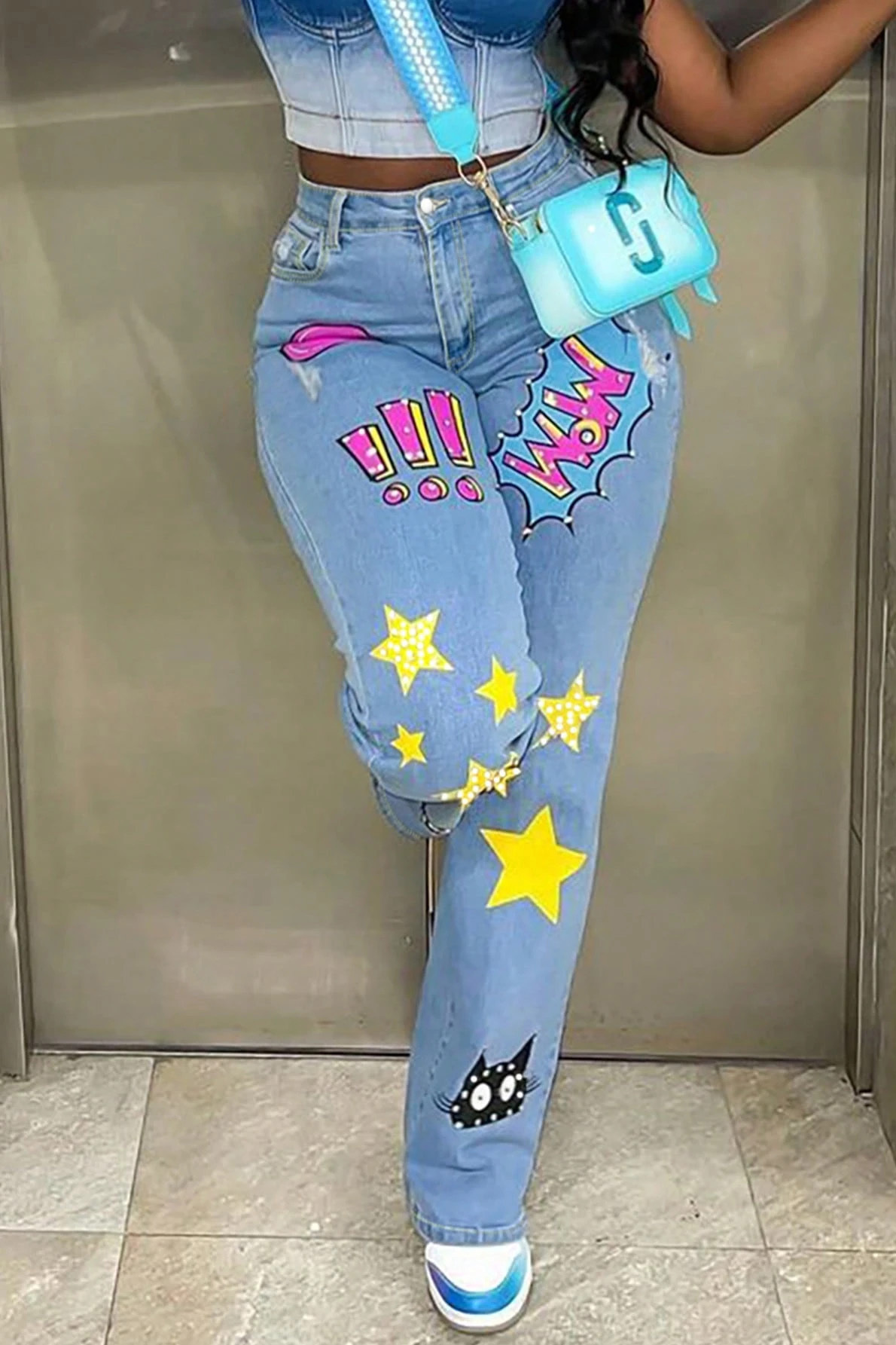 Women's Casual Printed Wide Leg Jeans