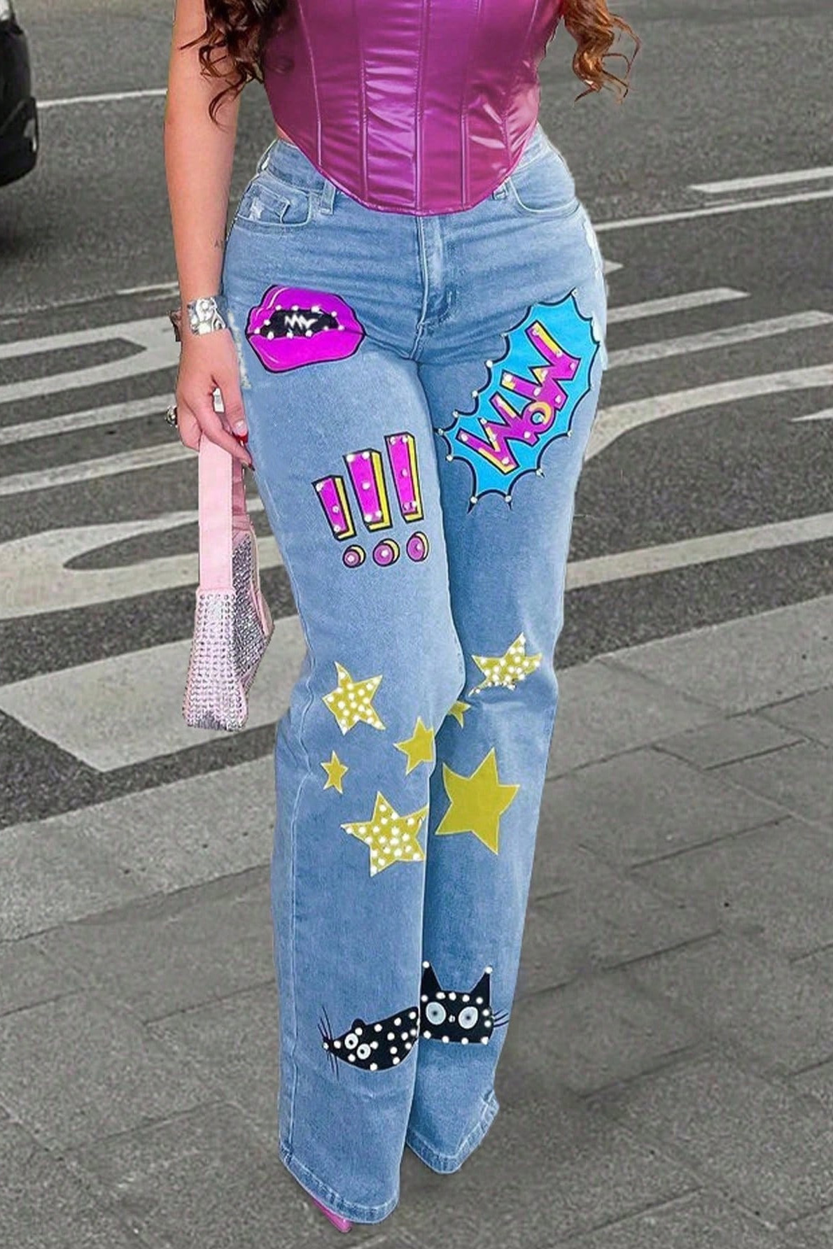 Women's Casual Printed Wide Leg Jeans