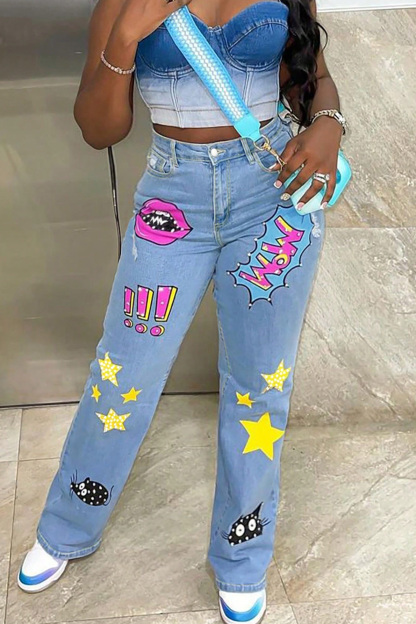 Women's Casual Printed Wide Leg Jeans