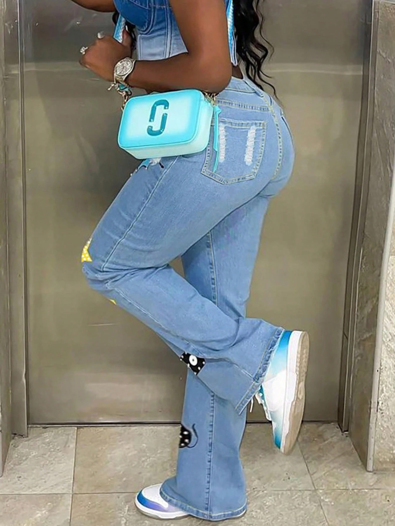 Women's Casual Printed Wide Leg Jeans