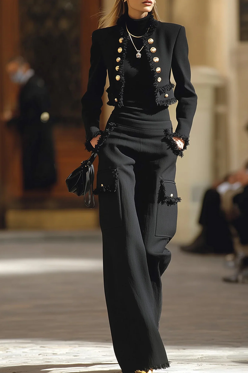 Women's Top City Button Tassel Solid Color Round Neck Jacket