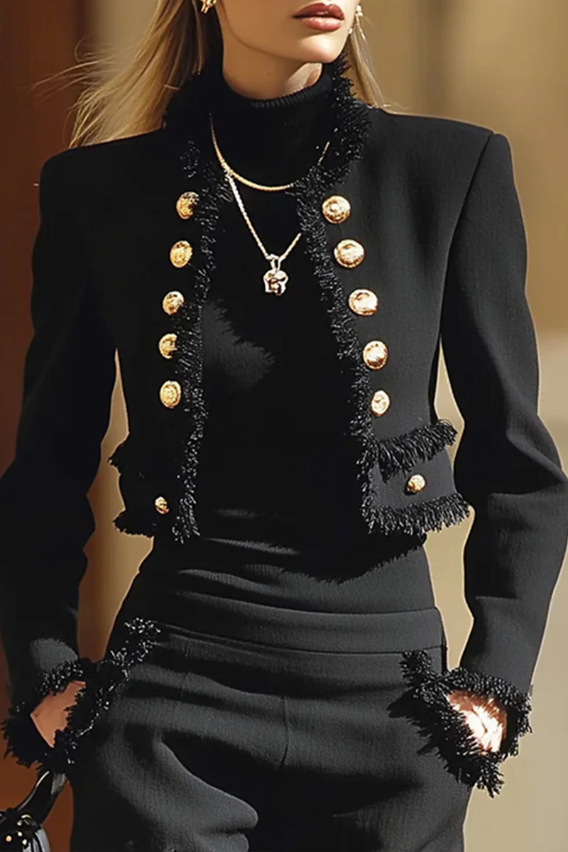 Women's Top City Button Tassel Solid Color Round Neck Jacket