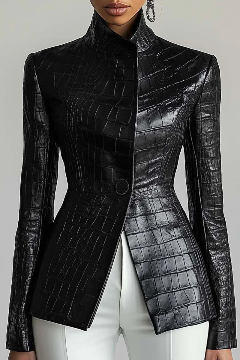 Women's Urban Button Textured Crocodile Patterned Imitation Leather Jacket Jacket