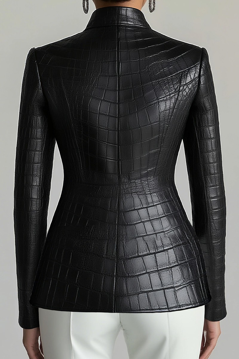 Women's Urban Button Textured Crocodile Patterned Imitation Leather Jacket Jacket