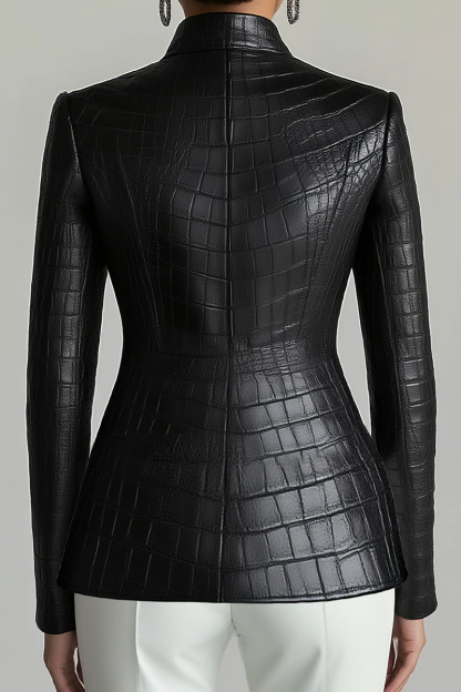 Women's Urban Button Textured Crocodile Patterned Imitation Leather Jacket Jacket