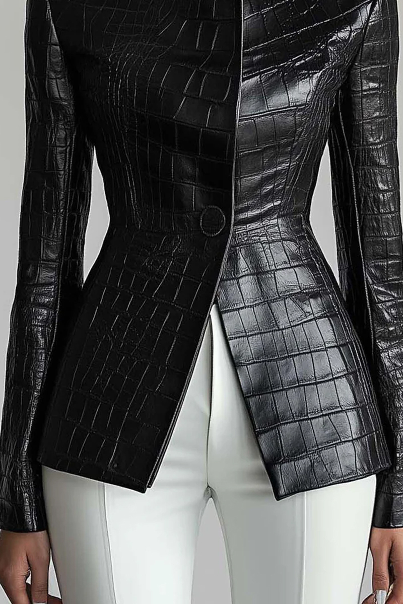 Women's Urban Button Textured Crocodile Patterned Imitation Leather Jacket Jacket