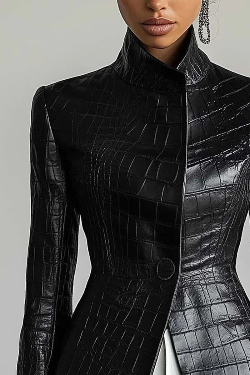 Women's Urban Button Textured Crocodile Patterned Imitation Leather Jacket Jacket