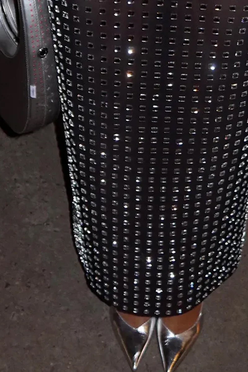 Summer Women Black Diamonds Midi Bodycon Skirt Designer High Waist Party Office Lady Elegant Split Skirt