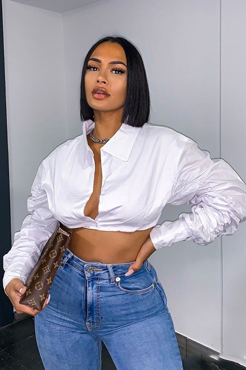 Women's Spring And Summer Single Breasted Long Sleeved Casual Top, Street White Short Shirt