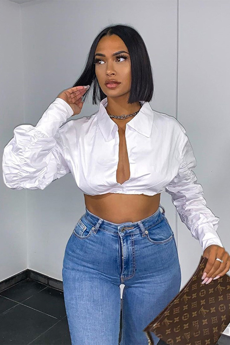 Women's Spring And Summer Single Breasted Long Sleeved Casual Top, Street White Short Shirt