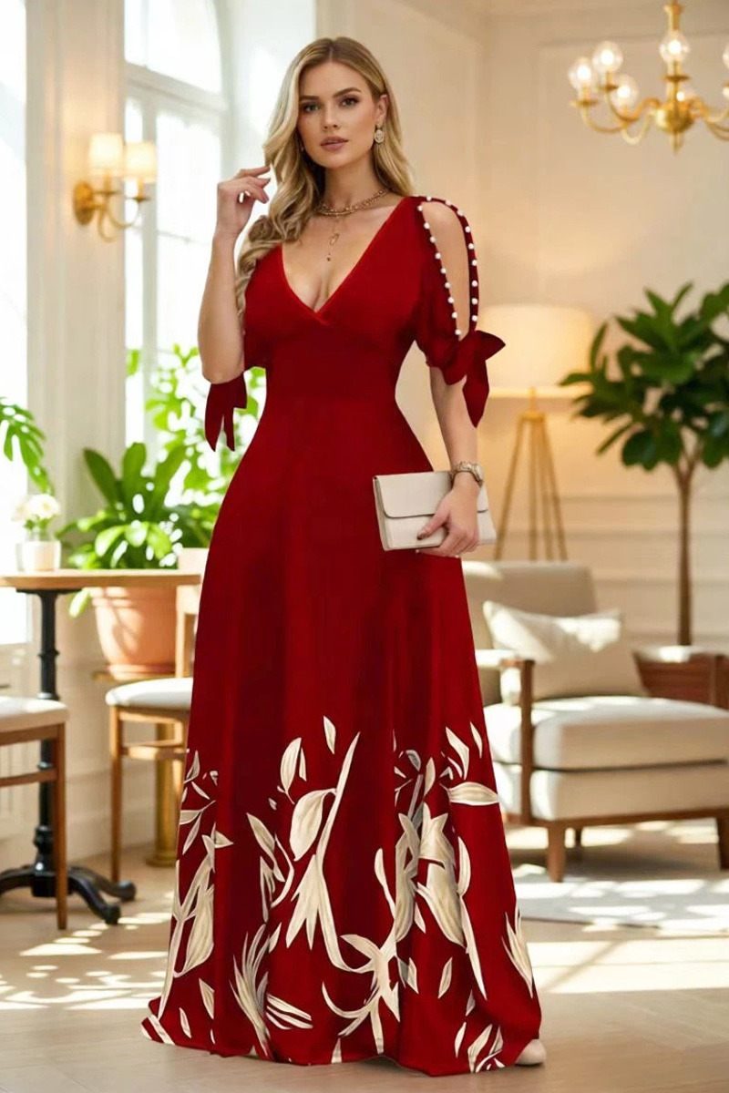 Women's Fashionable And Sexy Deep V-Neck Nail Bead Short Sleeved Long Skirt Dress For Women