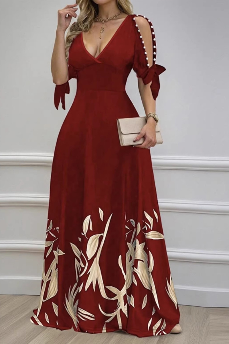 Women's Fashionable And Sexy Deep V-Neck Nail Bead Short Sleeved Long Skirt Dress For Women