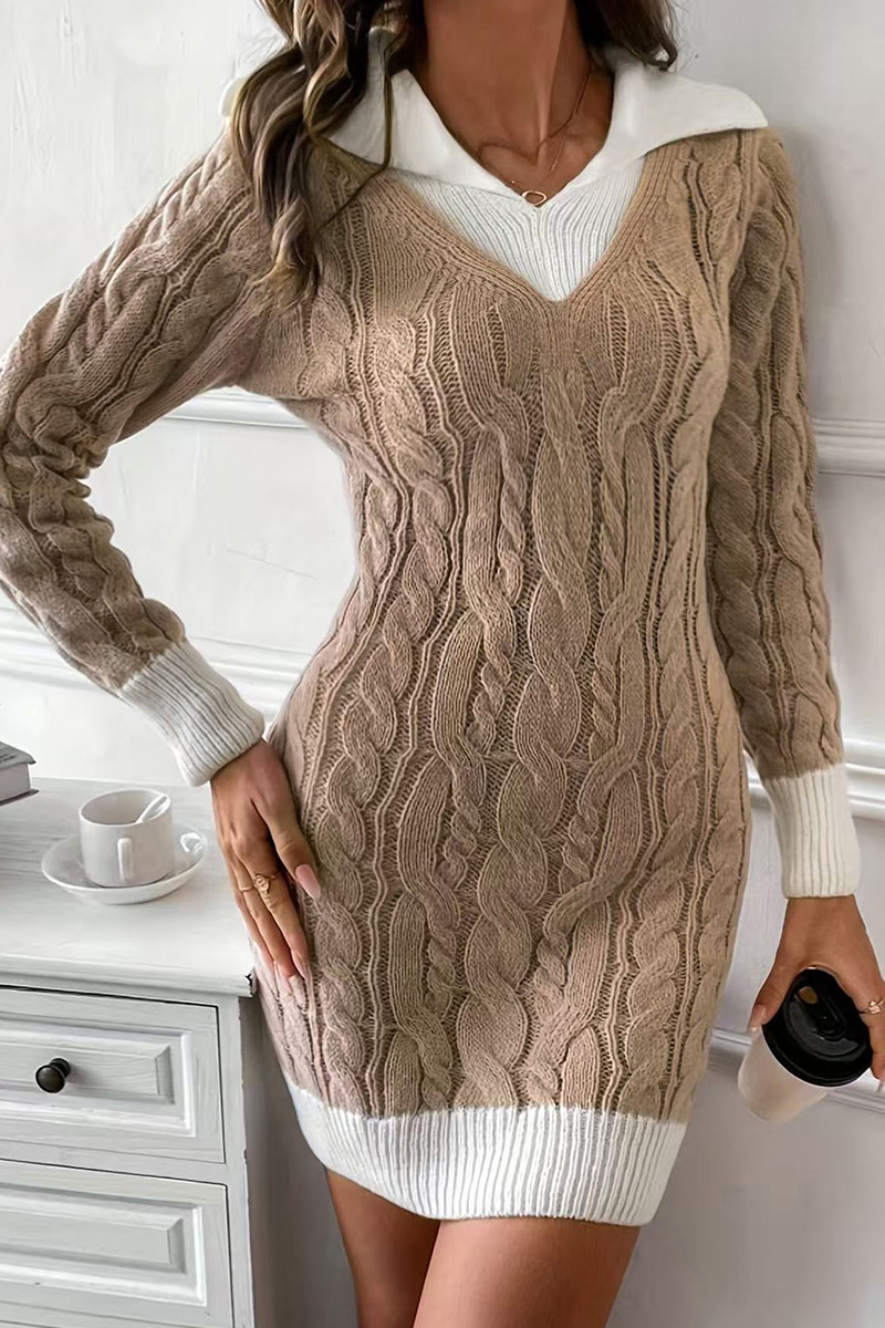 Ladies V-Neck Colorblock Knit Mini Dress