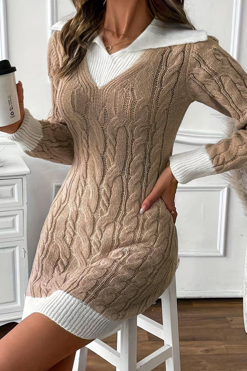 Ladies V-Neck Colorblock Knit Mini Dress