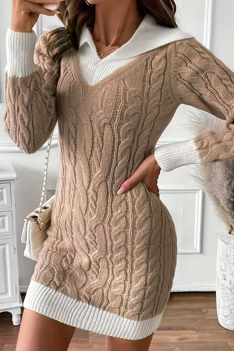 Ladies V-Neck Colorblock Knit Mini Dress