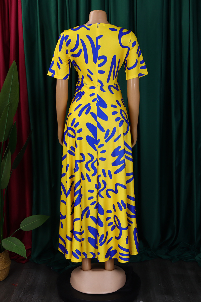 Women's Fashionable Temperament Lace Up Printed Short Sleeved Big Swing Dress