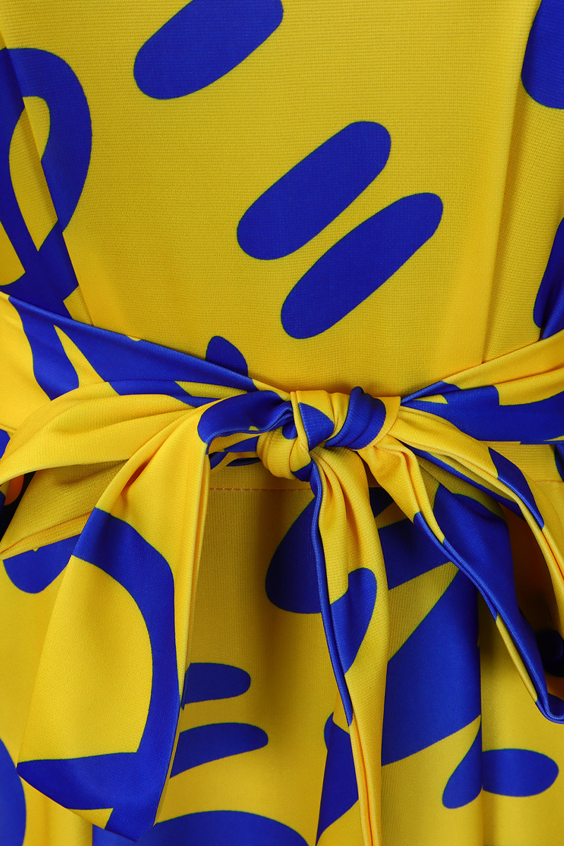 Women's Fashionable Temperament Lace Up Printed Short Sleeved Big Swing Dress