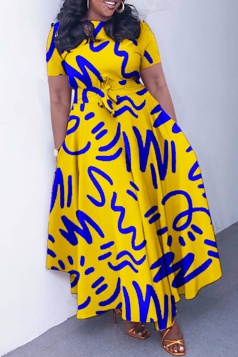 Women's Fashionable Temperament Lace Up Printed Short Sleeved Big Swing Dress