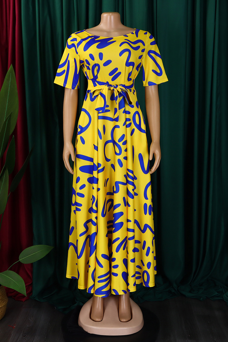 Women's Fashionable Temperament Lace Up Printed Short Sleeved Big Swing Dress